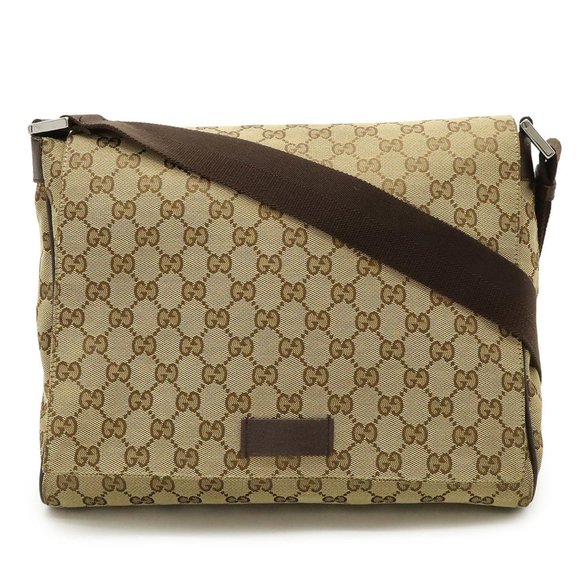 GUCCI GG canvas shoulder bag leather khaki beige dark brown 146236 - Picture 1 of 9